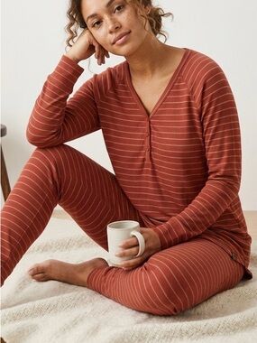 prAnA Striped Longline Henley Tunic & Joggers Lounge Set Rust Red M flaw